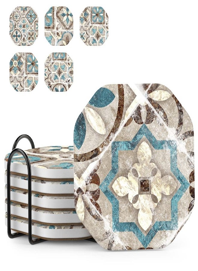 UMIRRO Drinks Coasters for Coffee Table Decor, Rustic Retro Boho Farmhouse Coasters, Absorbent Cup Mats for Wooden Table, Mandala Style, Unique Vintage Tile Design, Brown, 4", Set of 6 - Image 1
